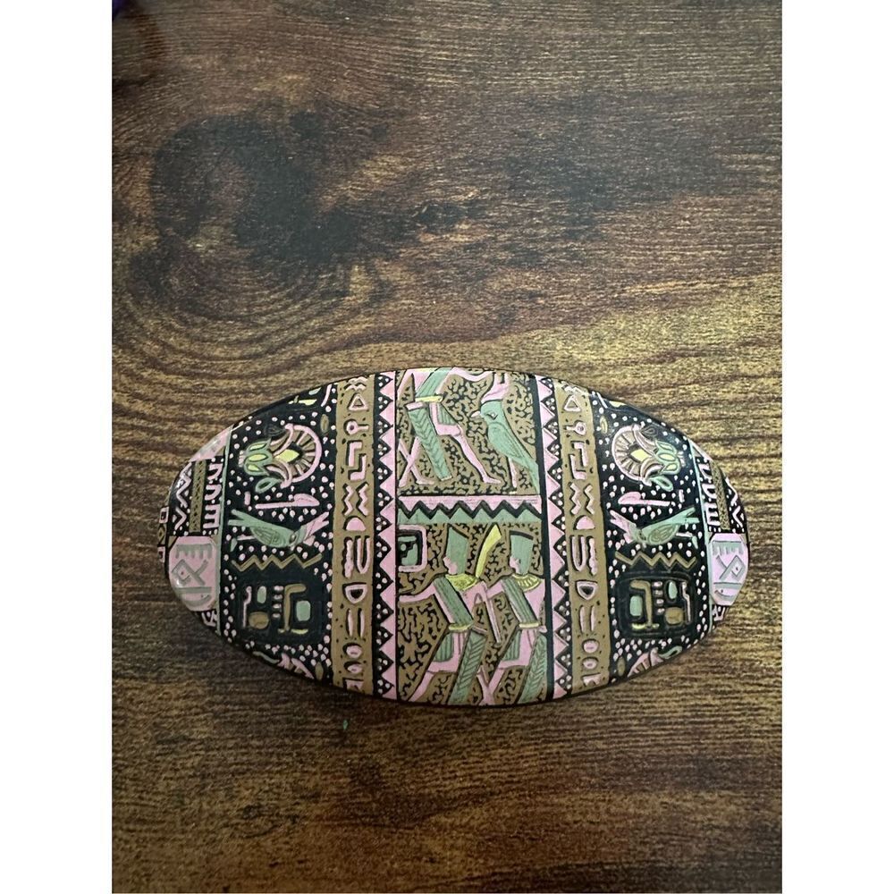 Vintage Hair Clip barrette Egyptian hieroglyphics Retro 1990s 3.75” Black Pink